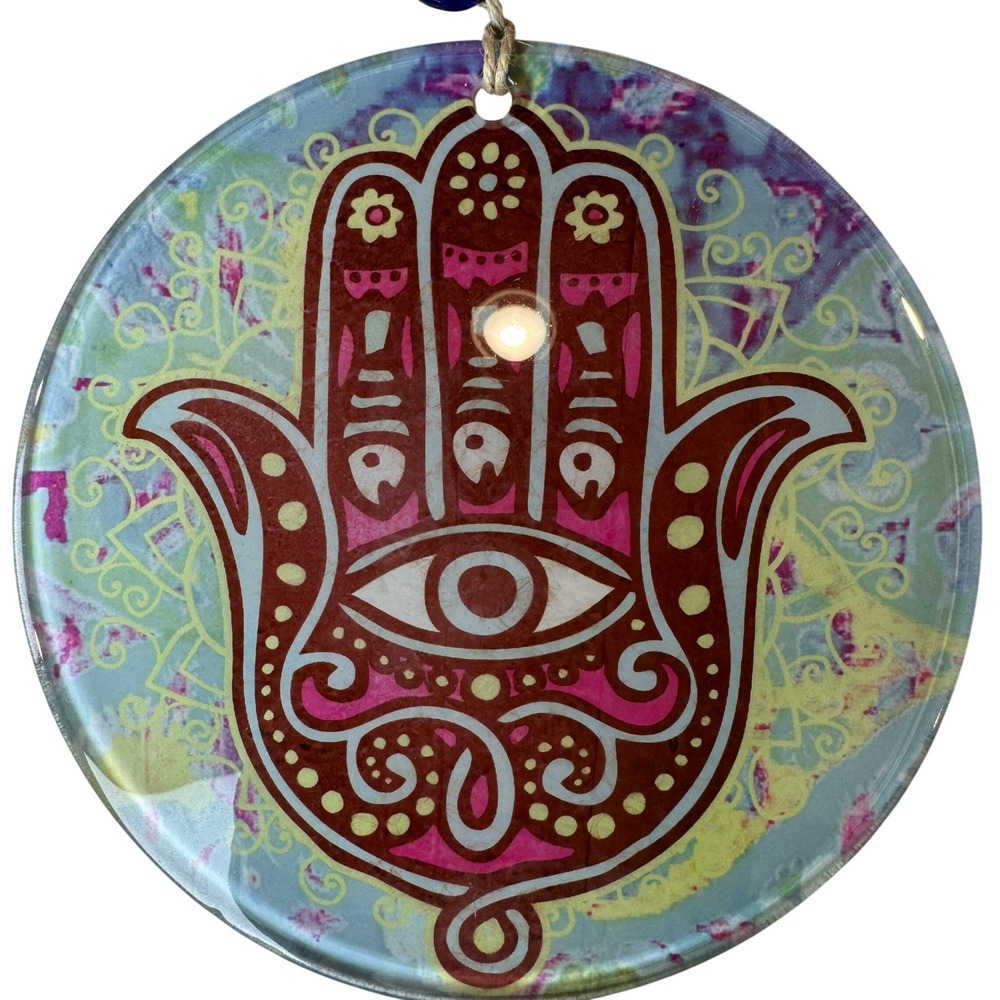 Hamsa Hand Evil Eye Glass Wall Hanging Protection Talisman Home Decor 6 Inch